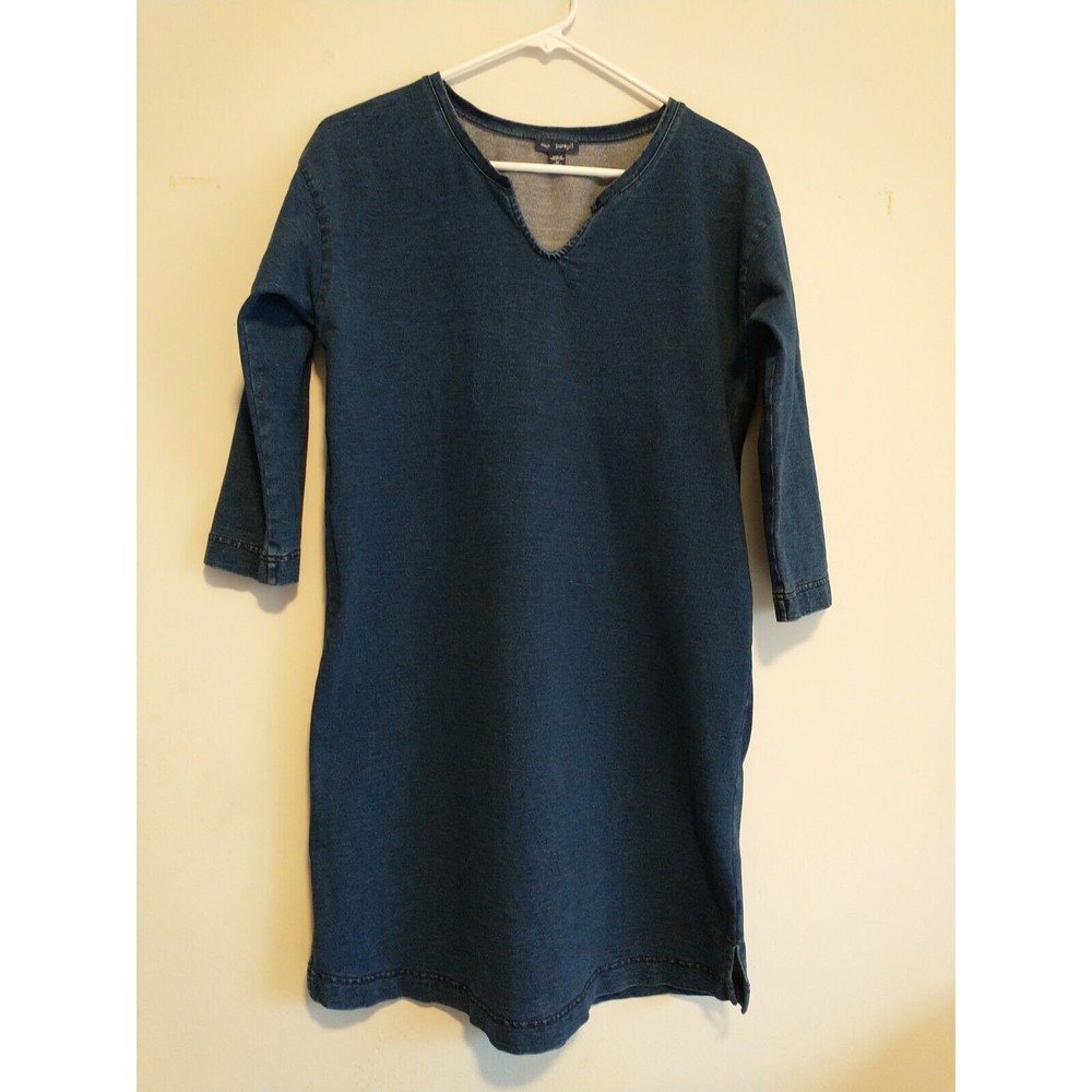 PURE JILL Tunic Shift Dress S/XS Blue Split Neck 3/4 Sleeves Chambray Si